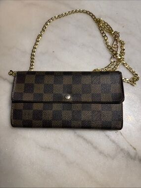 Classic Brown Check Crossbody Wallet with Gold Chain